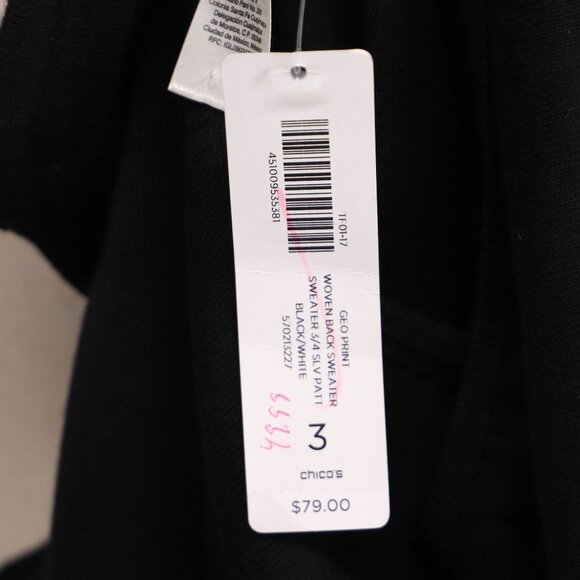 NWT CHICO'S Geo Woven-Back Polka Dots Black White 3/4 Sleeve Sweater Size 3/XL - Picture 8 of 8